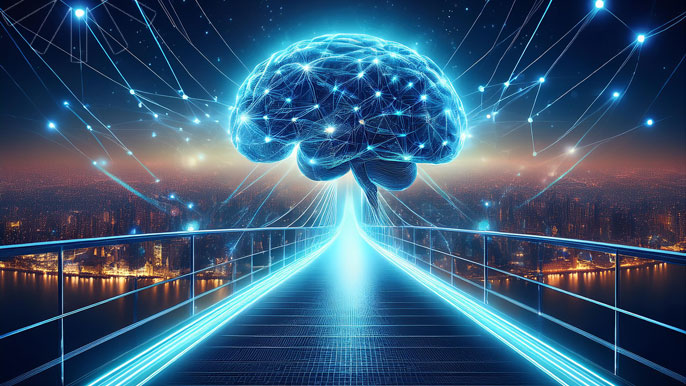 A futuristic bridge leading to a glowing digital brain, symbolizing the connection between AI and human innovation in a tech-powered world.