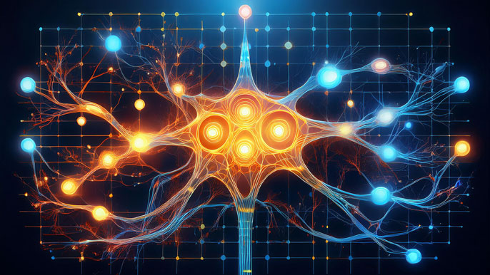 An artistic depiction of a neural network&#039;s perceptron model, showcasing input nodes, weights, and activation functions with vibrant colors to illustrate the computational process.