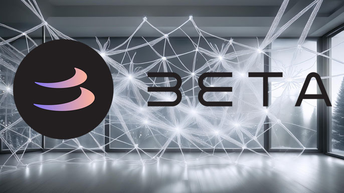 Abstract white network with glowing nodes connecting in a futuristic space, featuring the Beta logo prominently in the foreground, symbolizing innovation and connectivity.