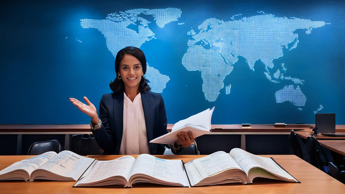 A business student in a classroom with open textbooks and a world map in the background, symbolizing the global learning and networking opportunities in an MBA program.