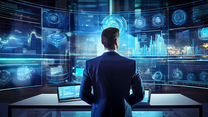 A business professional in a modern office, analyzing multiple holographic screens displaying futuristic data, graphs, and market trends, symbolizing technology-driven innovation.