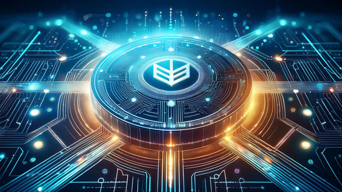 Futuristic representation of ANDY Crypto as a glowing token at the center of a dynamic digital network, symbolizing its integration with DeFi platforms and seamless blockchain connectivity.