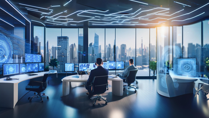 A futuristic business office with professionals using advanced technologies like AI, quantum computing, and digital interfaces, highlighting innovations for businesses in 2025.