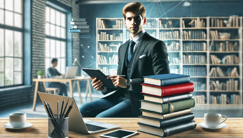 An entrepreneur at a desk with a laptop, books, and a tablet, symbolizing the writing and publishing industry in a modern office setting.