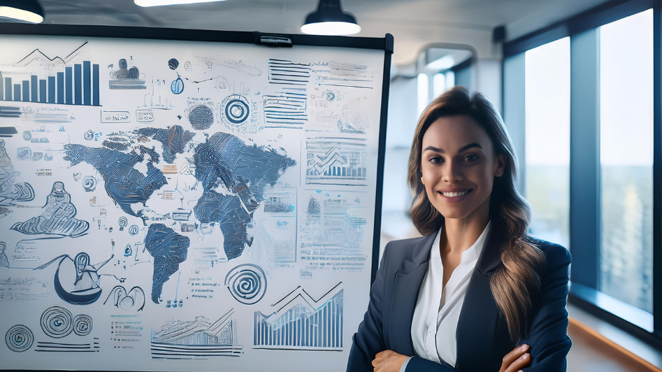 A businesswoman standing confidently in front of a strategy board filled with charts, graphs, and world maps, representing the importance of planning, analysis, and collaboration in business success.