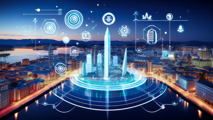 Modern Scandinavian city skyline with digital business icons hovering above, representing the process of starting a business in Scandinavia, set against natural landscapes and urban innovation.