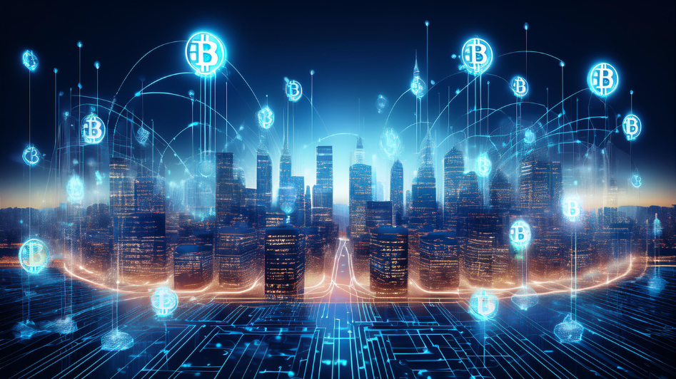 Futuristic cityscape with digital Bitcoin symbols connected by blockchain networks, representing decentralized finance and cryptocurrency-driven business funding in 2025.