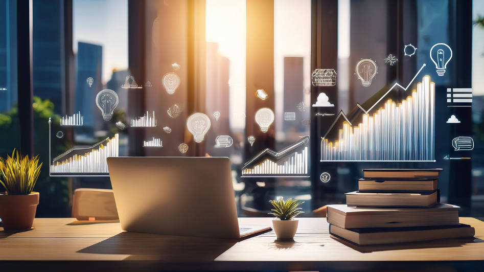 A desk with a laptop and stacked books, surrounded by symbols of innovation, growth charts, and lightbulbs, representing inspiration and entrepreneurial success from top startup founders.