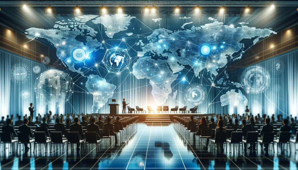 A wide image depicting a global business conference with a large stage, networking areas, and a world map overlay, symbolizing international business events and networking opportunities across key global cities.