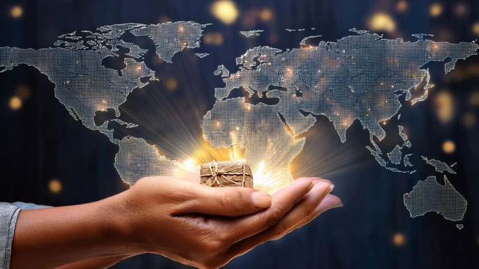 A pair of hands gently holding a glowing, handcrafted gift, with a digital world map in the background, symbolizing the global reach and personal connection of small businesses offering handmade products.