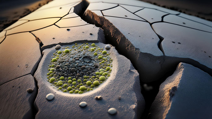 Close-up of a cracked concrete surface with self-healing bacteria activating and filling the crack, visually demonstrating the process of how self-healing concrete repairs itself over time.