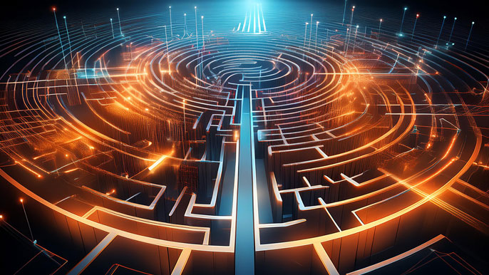 A glowing maze with highlighted pathways, symbolizing optimal decision paths and strategic calculations inspired by the Hamilton-Jacobi equation in a business context.