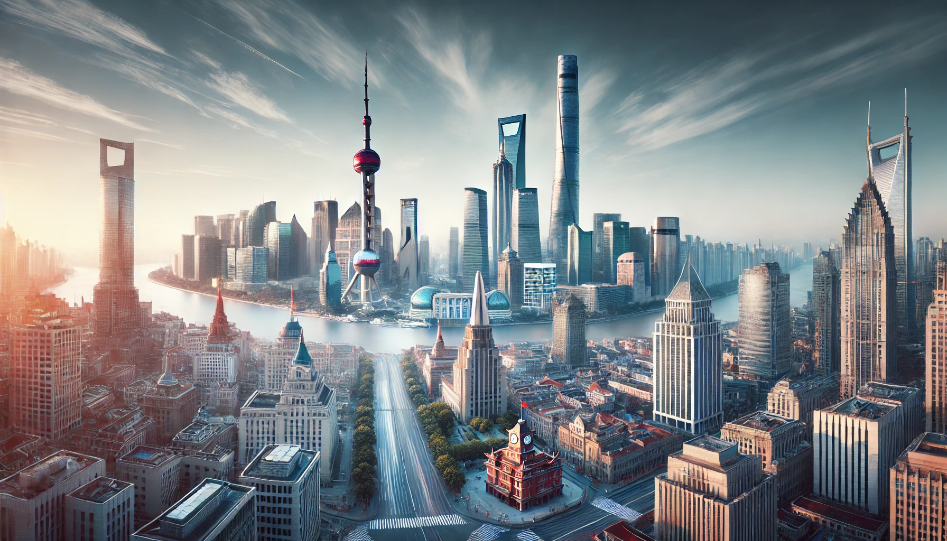 Modern cityscape of Shanghai with skyscrapers, Oriental Pearl Tower, and a bustling business district.