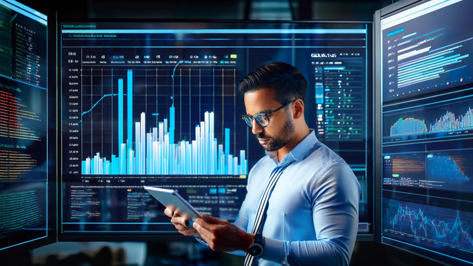 Project manager analyzing a Gantt chart and performance data on a tablet, surrounded by digital screens displaying charts and project timelines, representing advanced project planning and monitoring.