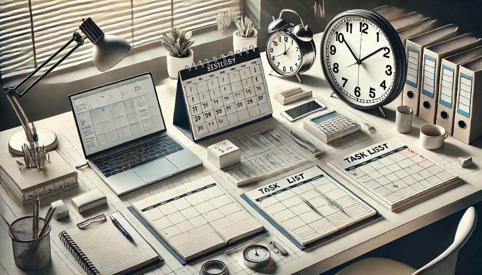 Modern office desk with a calendar, clock, task list, and laptop, symbolizing time management and organization.