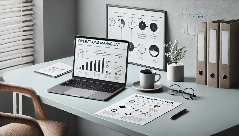 office scene with a desk featuring operational documents, a laptop displaying a process flow chart, and a cup of coffee, representing operations management in a business environment.