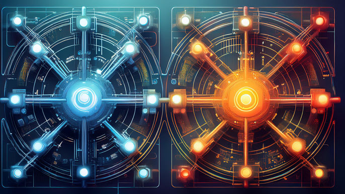 Two flowchart-like systems, one glowing blue for process improvement (DMAIC) and the other glowing orange for new design creation (DMADV), symbolizing optimization and innovation paths.