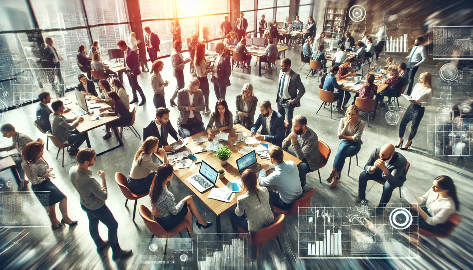 A wide image of a collaborative team in a modern office, with diverse employees working together, discussing ideas, and sharing tasks, symbolizing teamwork and business success.