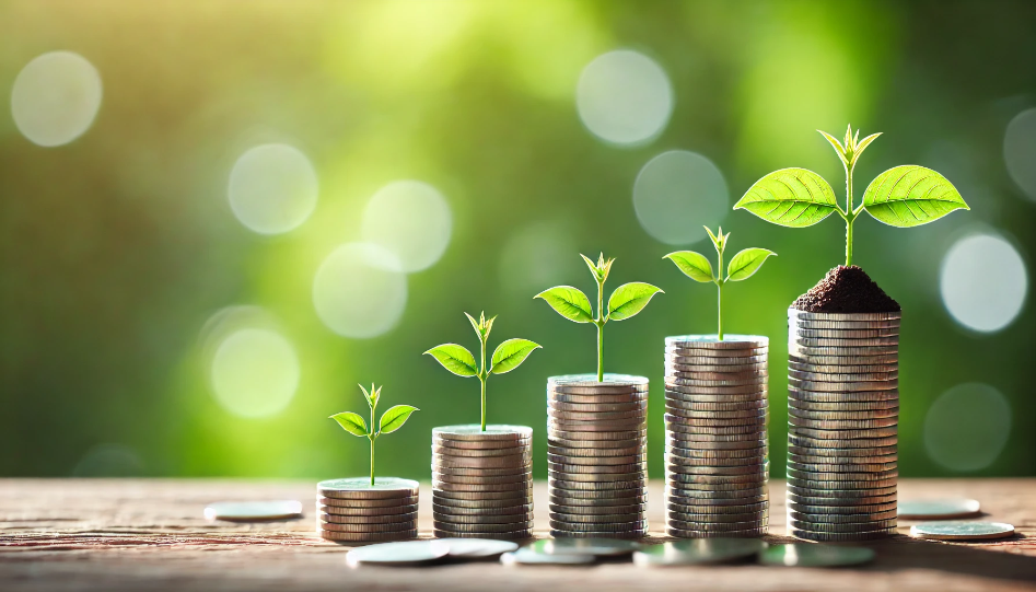 Stacks of coins with small plants sprouting from them, symbolizing economic growth and financial success. The background is a natural green blur, creating a calm and optimistic atmosphere representing the concept of economics in business