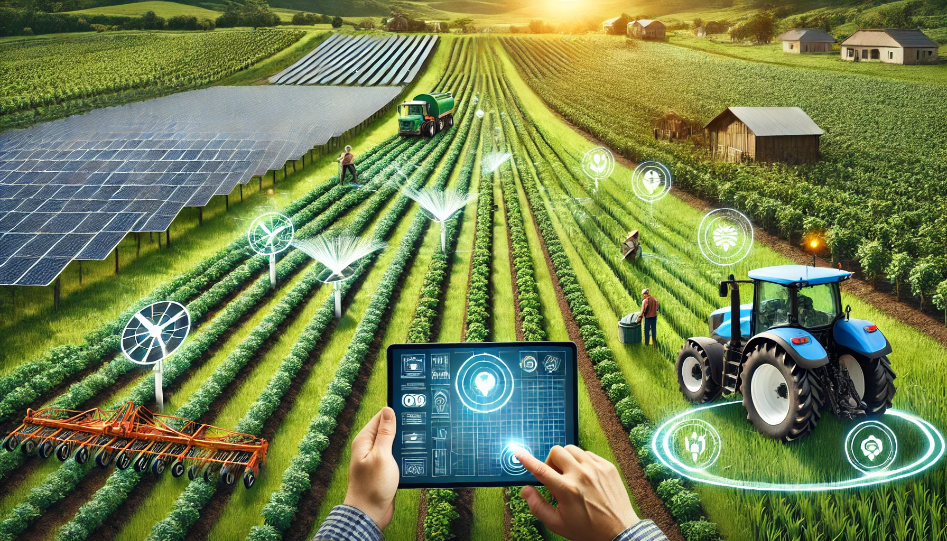 Modern farm with lush fields, automated irrigation, solar panels, and farmers using tablets to monitor crops.