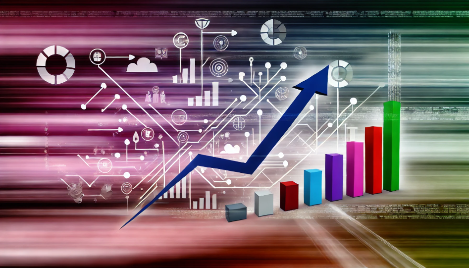 The abstract wide image showcases business growth elements, including financial success symbols, upward-trending charts, and digital innovation. The vibrant background enhances the theme of creativity and momentum in a professional context.