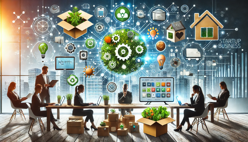 image showcasing startup business ideas, including eco-friendly products, digital marketing, smart home installation, and meal delivery services, with people working on laptops and digital graphs symbolizing innovation