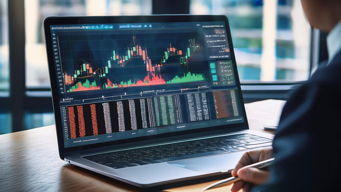 A close-up of a laptop screen displaying a live stock market trading platform with charts, stock prices, and buy/sell options. A person is holding a pen, emphasizing analysis and decision-making in stock trading.