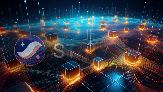 A dynamic visualization of Ethereum Layer 1 integrated with Starknet's Layer 2 network, featuring interconnected nodes and the STRK token logo.