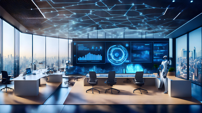 Futuristic office with AI-driven automation systems generating passive income through advanced data analytics and robotic management in 2025.