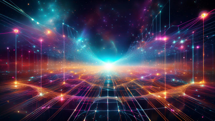 Abstract, futuristic grid of interconnected light beams and particles, symbolizing quantum possibilities and interconnected business strategies in a cosmic space setting.