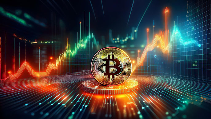 A glowing Bitcoin coin in front of rising and falling financial charts, symbolizing the investment potential and volatility of Bitcoin in 2025.