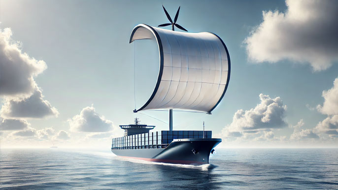 A modern cargo ship with a large kite sail deployed at the bow, harnessing wind energy as it sails across a calm ocean, symbolizing sustainable shipping through wind-assisted propulsion.