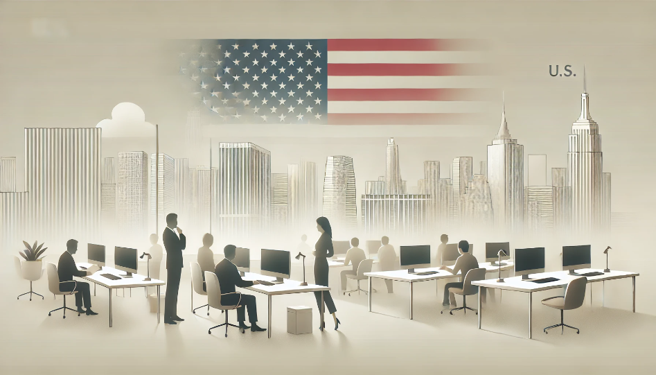 Modern office space with desks, computers, and people working together, with a city skyline and U.S. flag subtly visible in the background.