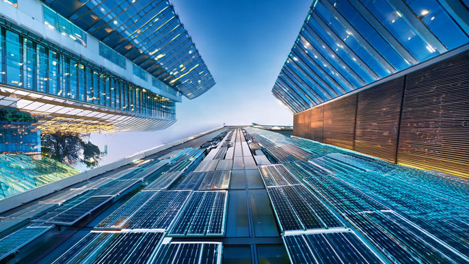 A modern office building equipped with solar panels and energy-efficient windows, showcasing AI-driven smart energy management for sustainable and automated energy control.