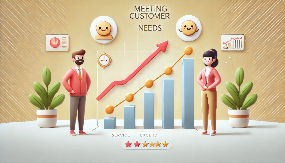 Two cheerful characters standing beside a line graph with upward-trending lines, symbolizing customer satisfaction as services meet or exceed expectations.