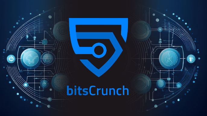 bitsCrunch Token (BCUT) logo surrounded by blockchain nodes and digital security icons, representing its role in blockchain analytics and fraud prevention.