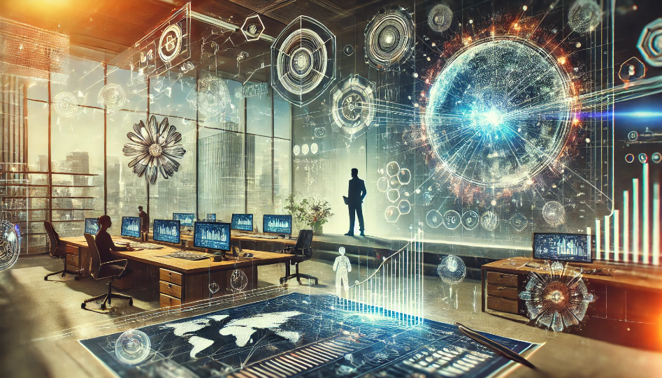 Futuristic office setting with a CEO overseeing a virtual global network, surrounded by holographic interfaces, digital charts, and floating data streams, symbolizing innovation, sustainability, and leadership.