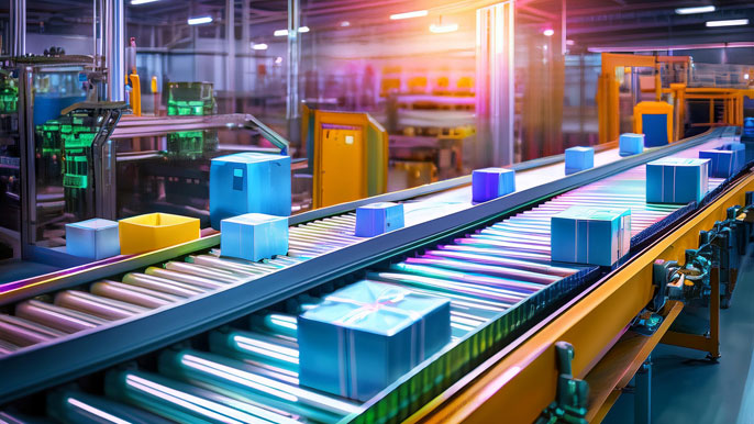 A futuristic conveyor belt in a factory transforming raw materials into brightly colored eco-friendly packaging boxes, symbolizing innovation, efficiency, and sustainability in the packaging industry.