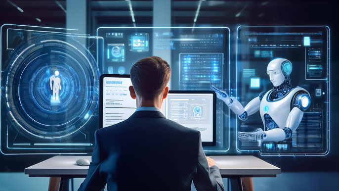 A business professional using a computer while a digital robot on the screen assists with financial data processing, illustrating robotic process automation in banking and finance.