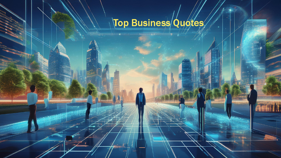 Futuristic business setting with individuals walking in a modern cityscape, representing growth and innovation, related to top business quotes inspiring success and leadership.