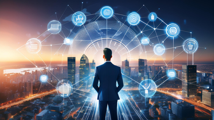 Abstract image of an entrepreneur standing in front of a cityscape, with digital icons representing networking, mentorship, and growth opportunities, symbolizing the benefits of entrepreneur organizations.