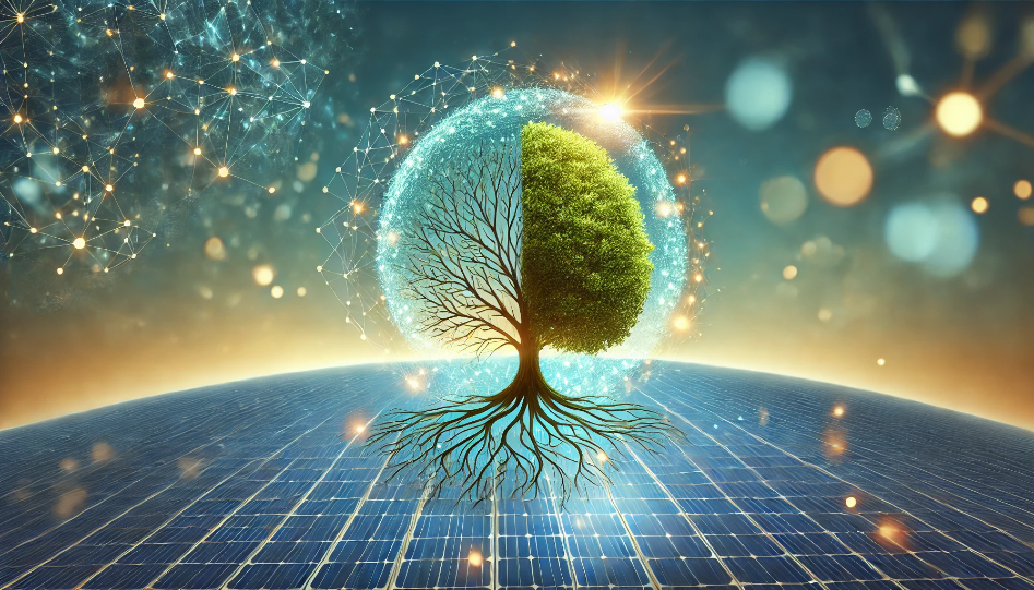 An abstract image of a tree merging with a glowing solar panel, symbolizing the connection between nature and green energy.