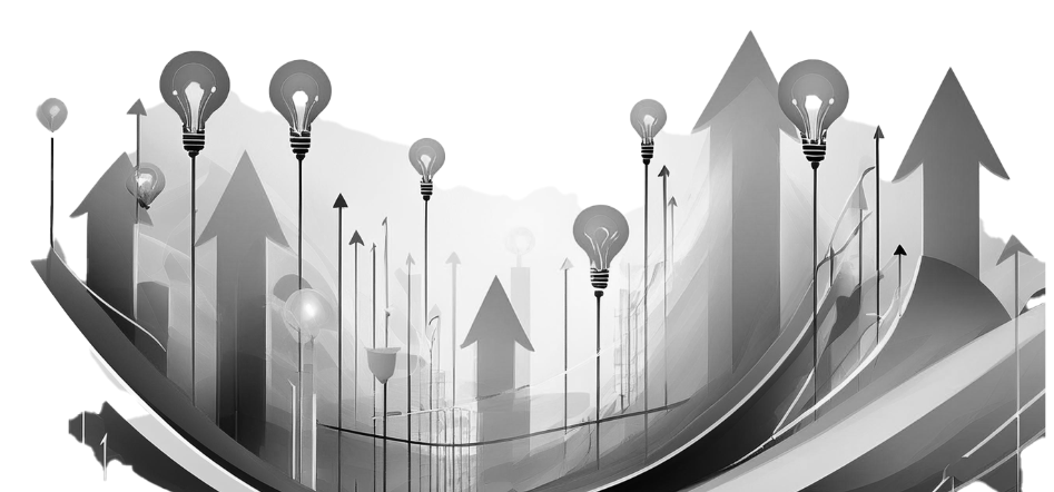 Black and white abstract image with arrows and lightbulbs symbolizing innovation, growth, and success in entrepreneurship.