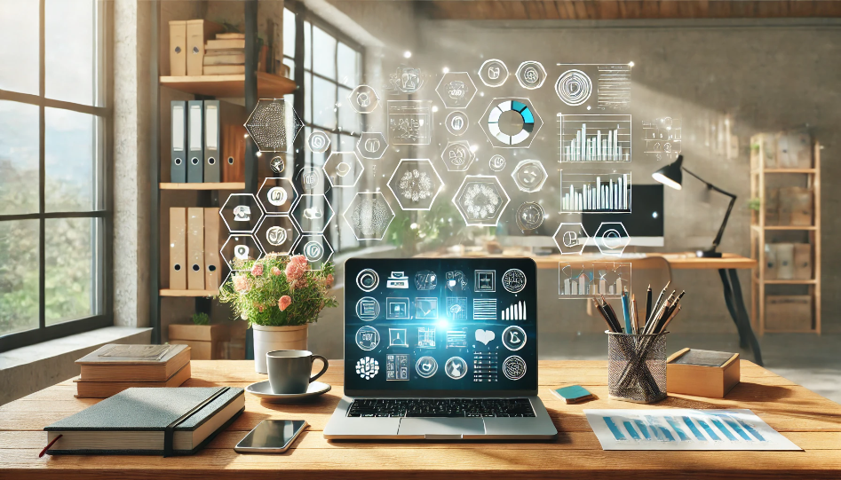 A modern workspace featuring a laptop on a wooden desk displaying digital tools for project management, financial software, and marketing dashboards, symbolizing business productivity and entrepreneurial success.