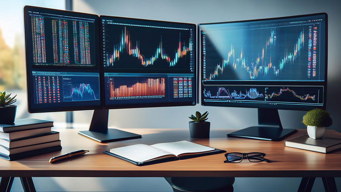 A professional workspace featuring dual monitors displaying stock market data, cryptocurrency charts, trading books, and an open notebook on a minimalist desk