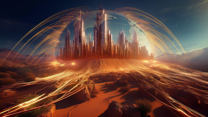 A futuristic city rising from glowing copper veins in a desert, symbolizing Castillo Copper's growth and global copper demand.