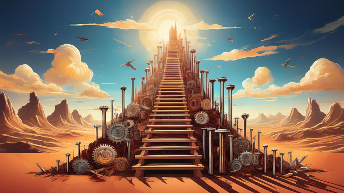 A towering wooden ladder made of gears, nails, and bolts ascends from a desert landscape toward a glowing city in the distance. The scene symbolizes the journey of bootstrap entrepreneurs, climbing toward success through hard work and innovation.