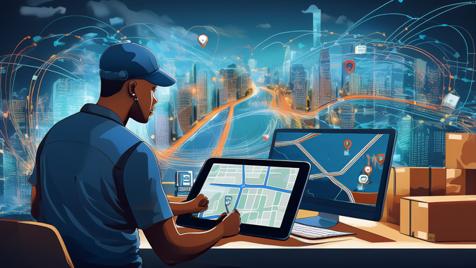 Courier monitoring real-time GPS tracking on tablet and computer, showing delivery vehicles navigating city streets in a tech-driven control center.