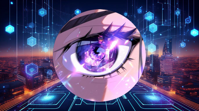 Futuristic AI-powered eye overlooking a glowing blockchain network in a high-tech cityscape, symbolizing ACT Token's integration of AI and blockchain innovation.