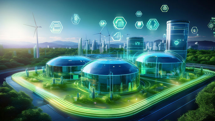 High-tech Waste-to-Energy (WTE) facility with advanced emissions-free technology surrounded by greenery, wind turbines, and a futuristic urban skyline.